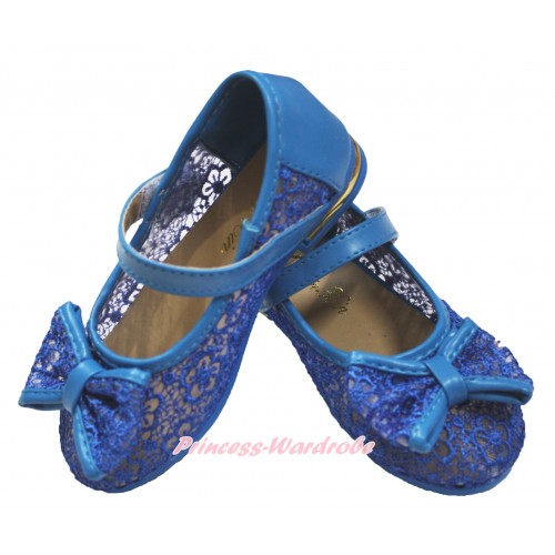 Frozen Princess Anna Royal Blue Lace See Through With Bow Slip On Girl Shoes 002Blue